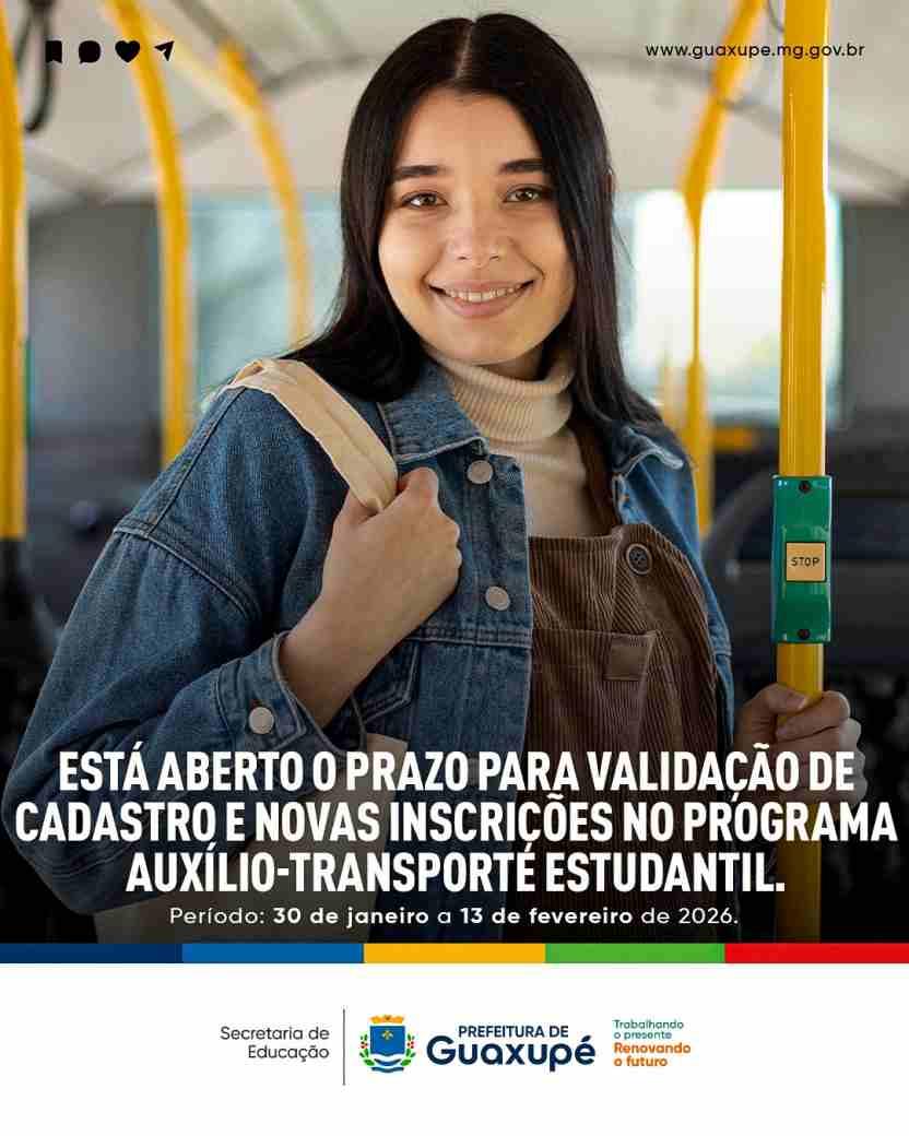Prefeitura de Guaxup� abre prazo para inscri��es e valida��o do Aux�lio-Transporte Estudantil