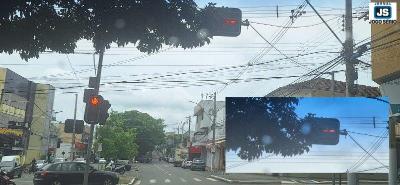 Galhos de rvore dificultam a visibilidade de condutores a semforo na Grande Avenida