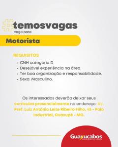 Guaxucabos oferta vagas de emprego para as funes de motorista e auxiliar de limpeza