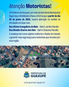 Guaxup ter mudana no sentido de circulao em duas vias a partir de 30 de junho