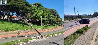 Aten��o para trecho de avenida com poste ca�do ap�s mais uma colis�o onde carro bateu h� 36 dias 